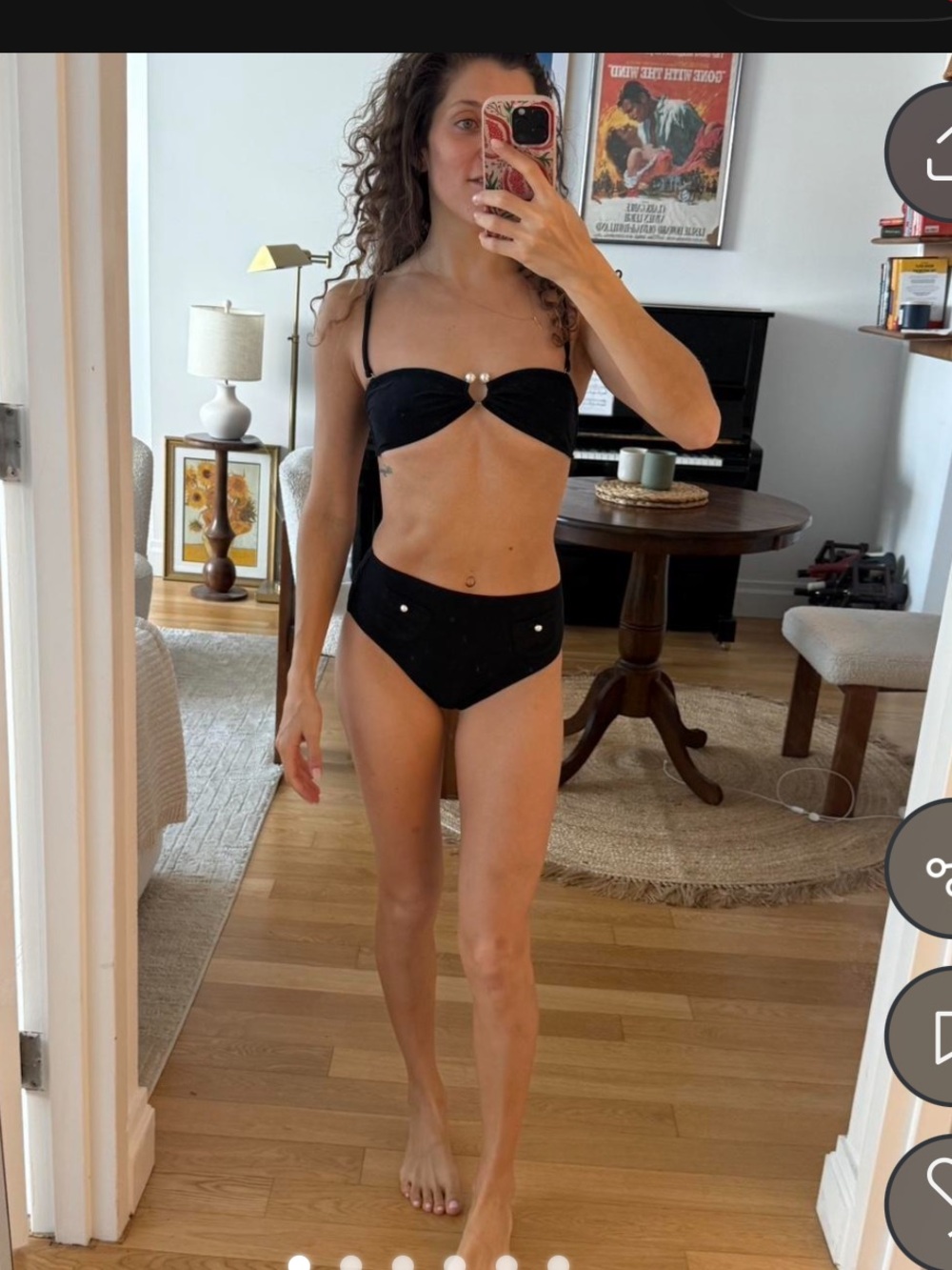 Pearl-Accent Black Bandeau Bikini Top & High Waist Bottom